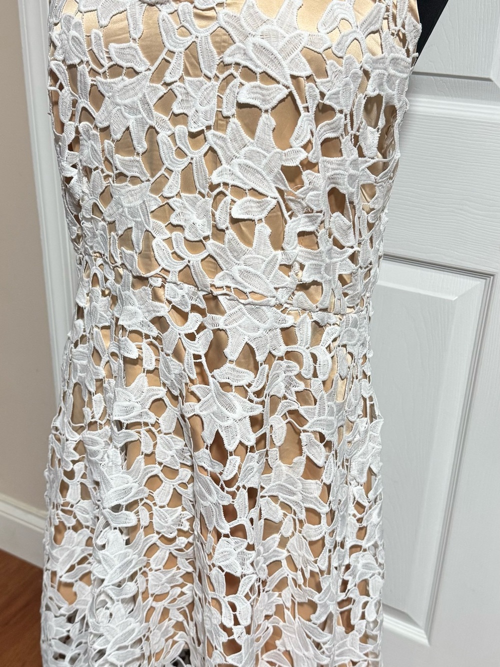 Asymmetrical White Lace Overlay Dress with Nude Lining
